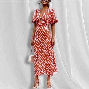 NWT Commense Orange Red White Animal Print Stripe Cutout Midi Dress Size Small